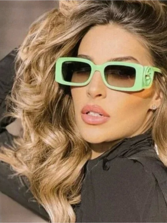 Mint Green Rectangle Sunglasses with Logo Temple